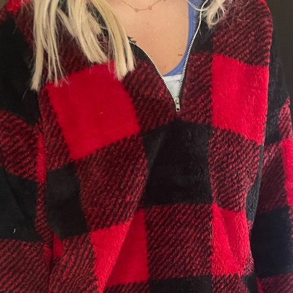 Red and black “flannel” fuzzy quarter zip - Picture 2 of 2